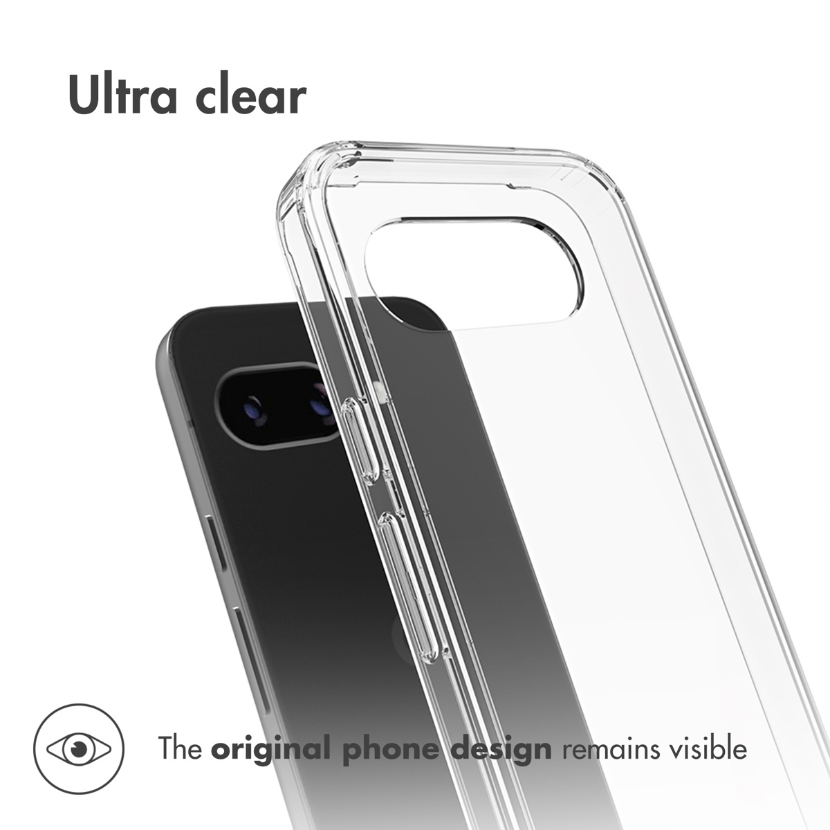 Una custodia trasparente ultra chiara accanto a uno smartphone nero, che ne mostra il design.