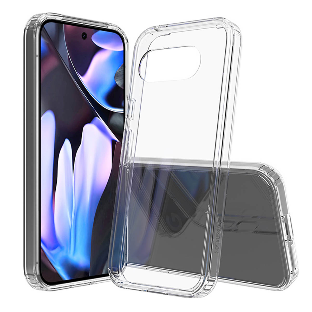 Custodia protettiva trasparente per smartphone, mostrata frontalmente, sul retro e in prospettiva.