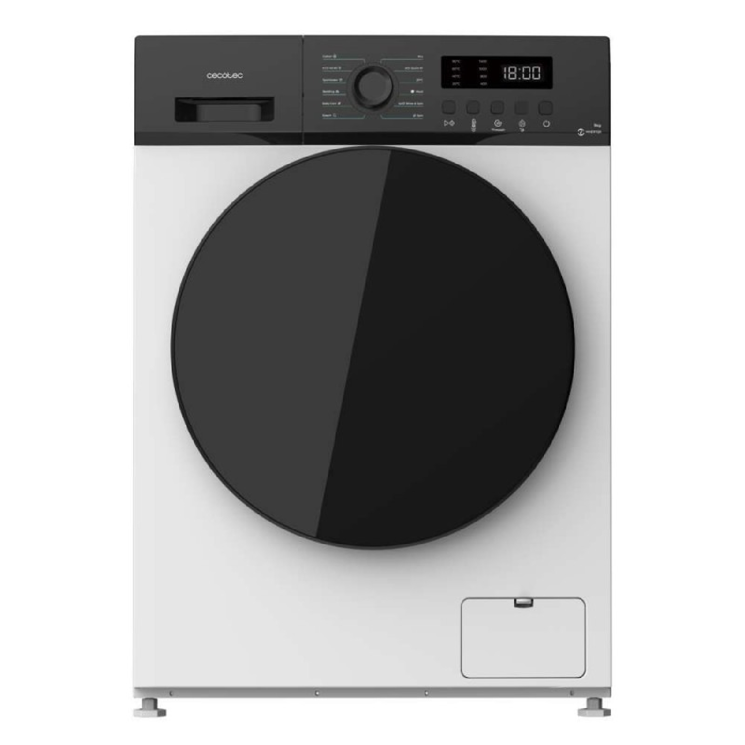 Una lavadora blanca con panel de control negro, puerta redonda grande y pantalla digital.