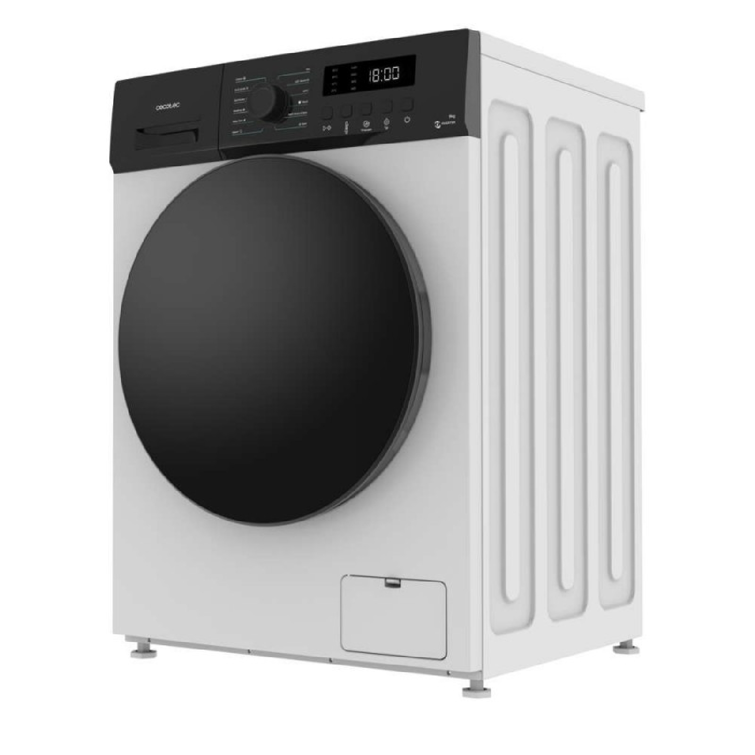 Una lavadora blanca con puerta frontal negra y panel de control sobre fondo blanco.