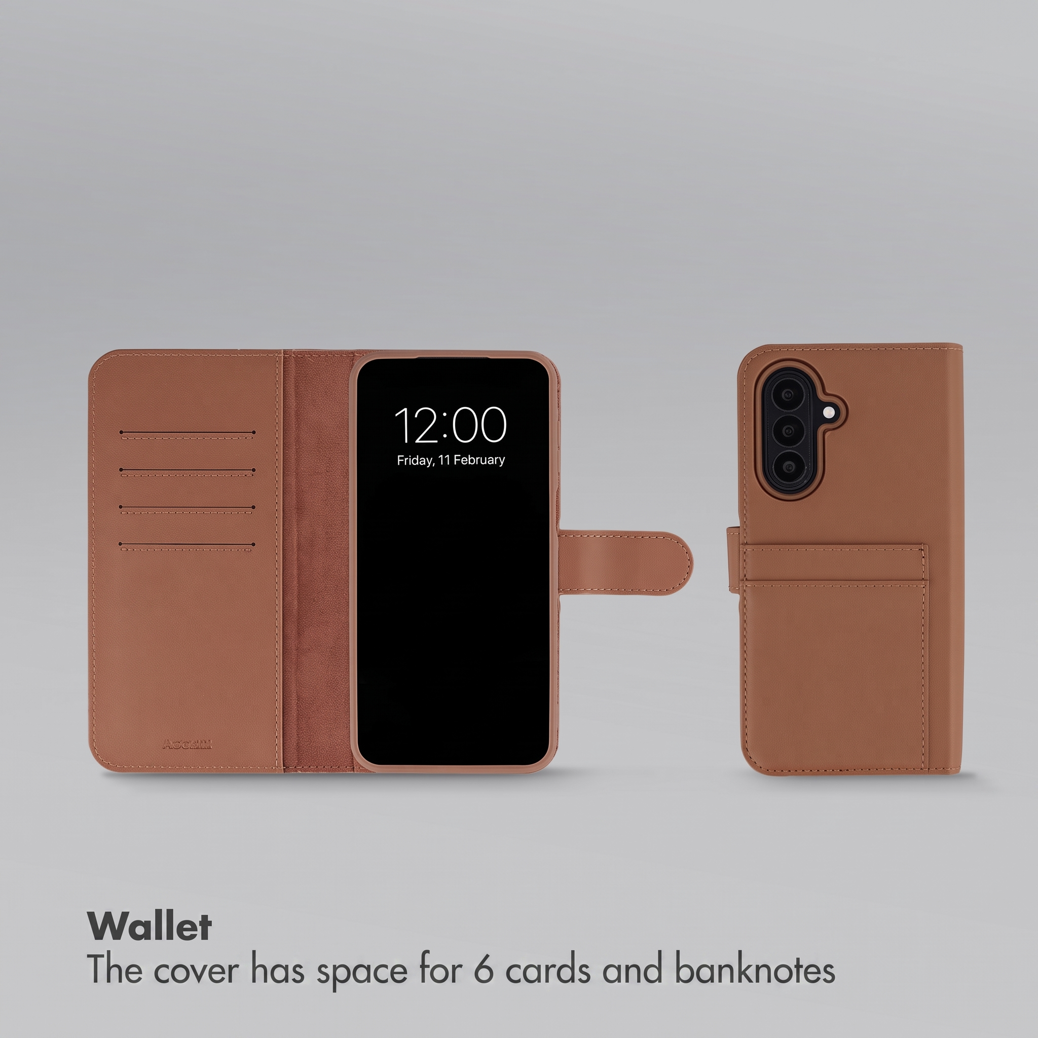 Étui de téléphone en cuir marron avec fentes pour cartes et smartphone inséré, vues de face et de dos.