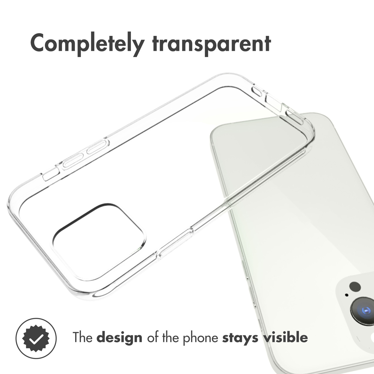 Una funda de móvil completamente transparente junto a un smartphone sobre fondo blanco.