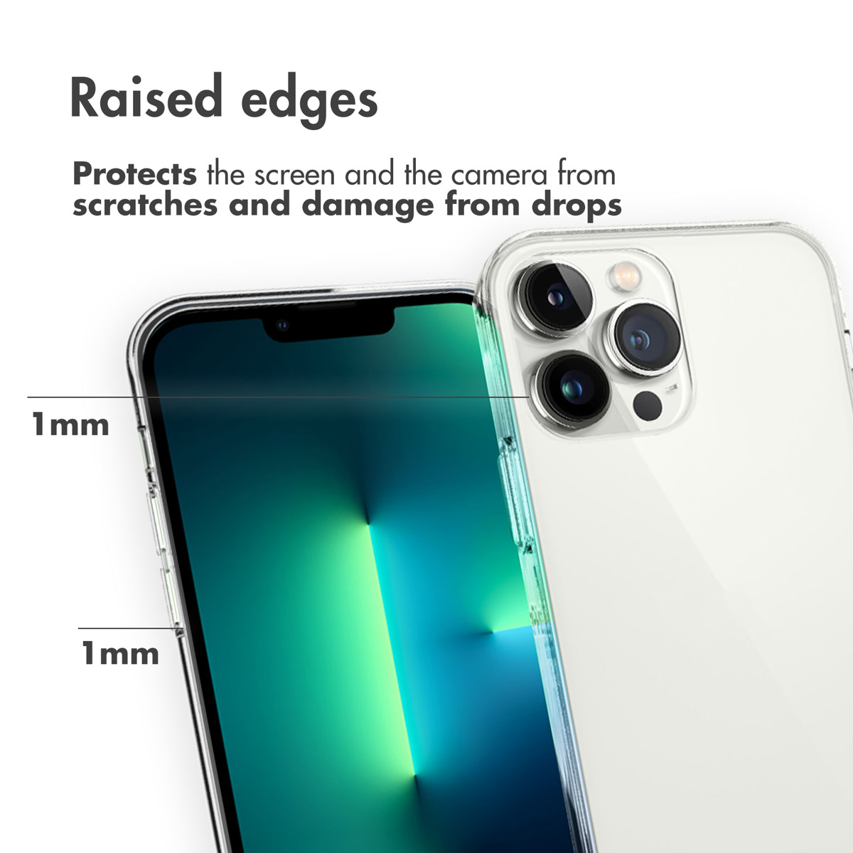 Una funda de móvil con bordes elevados de 1 mm que protegen pantalla y cámara, con texto.