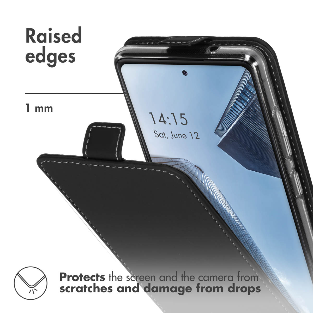 Coque de smartphone en cuir noir avec bord surélevé de 1 mm protégeant l'écran et l'appareil photo.