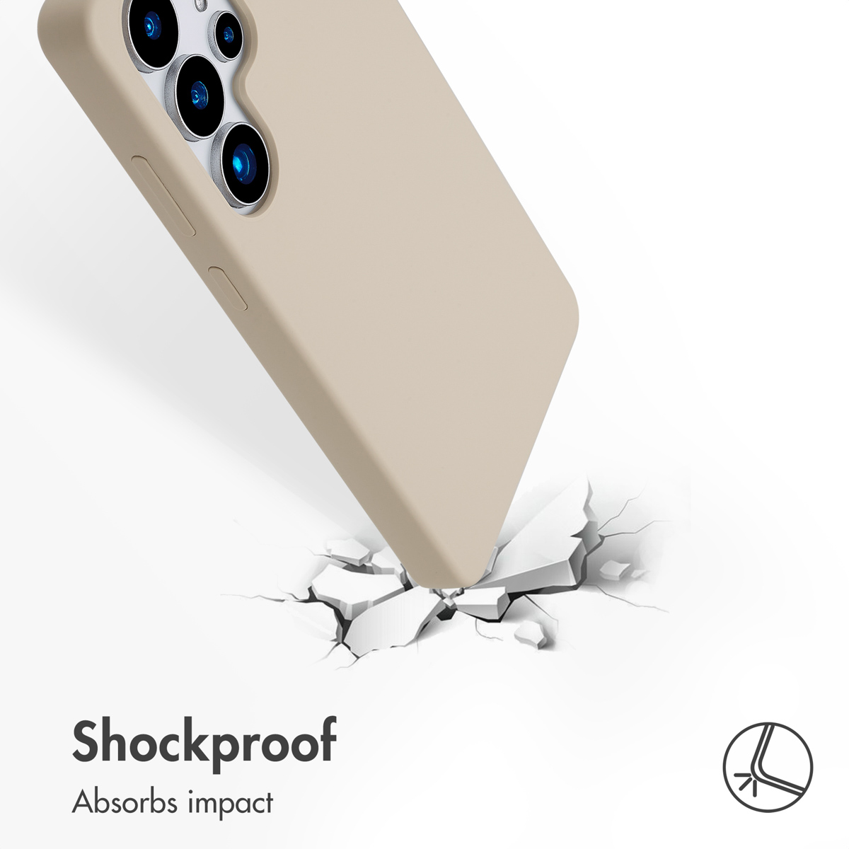 Una funda de móvil beige impacta en una superficie blanca que se rompe, con texto Antigolpes.