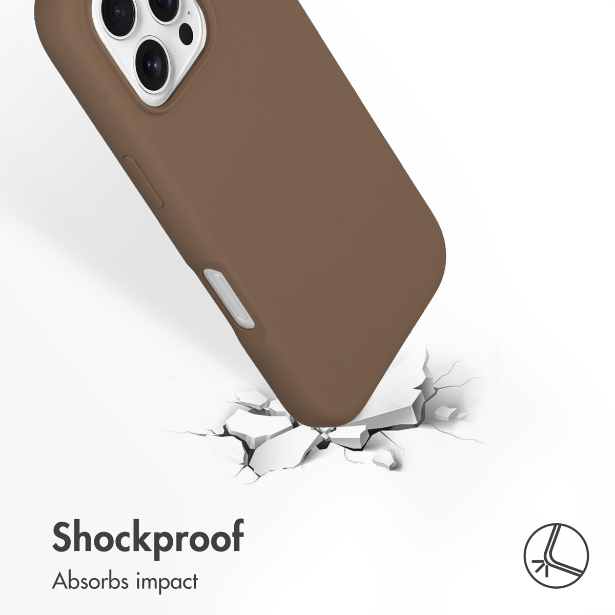 Custodia per telefono marrone che colpisce superficie bianca crepata, testo Shockproof Absorbs impact.