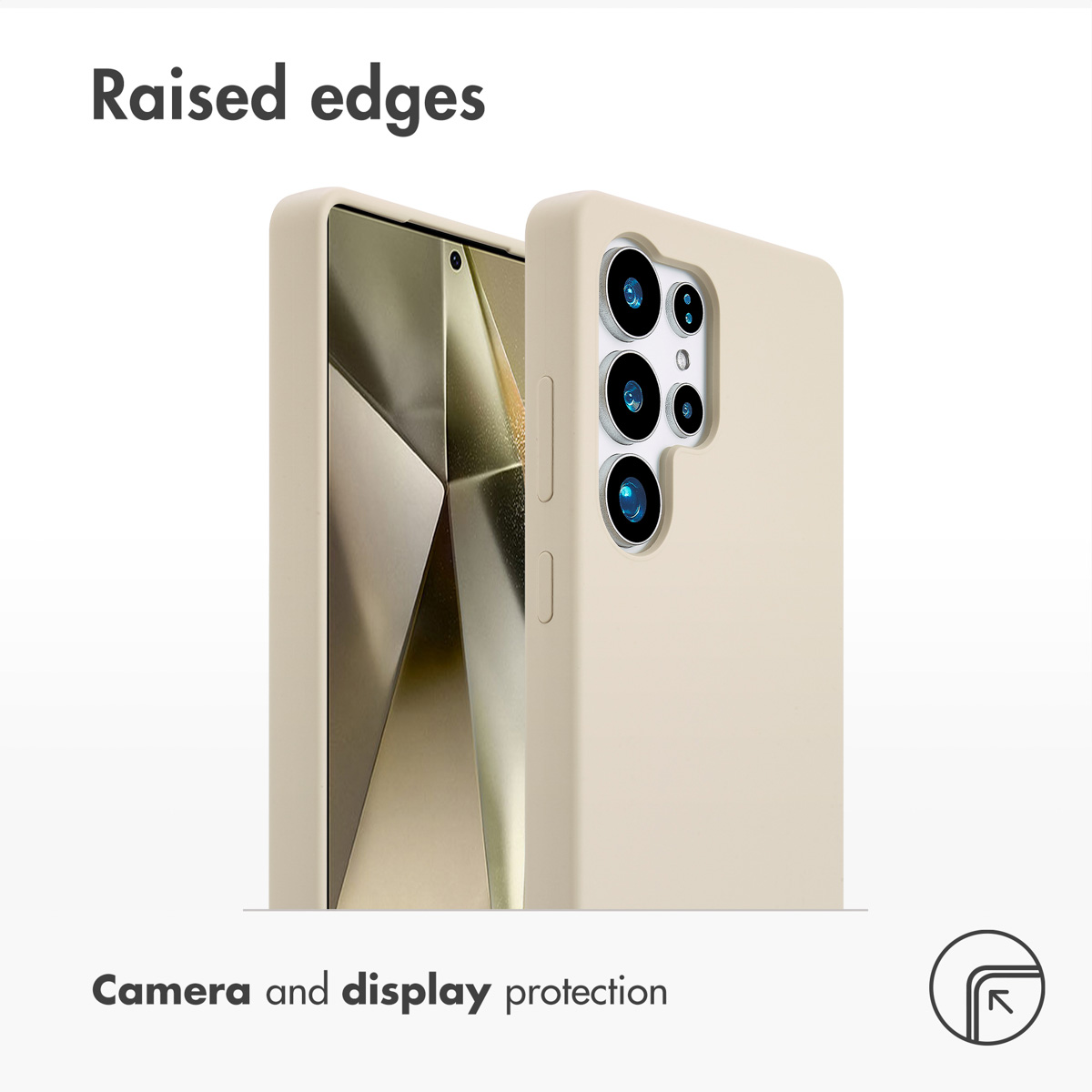 Funda de teléfono beige con bordes elevados para protección de cámara y pantalla, con texto.