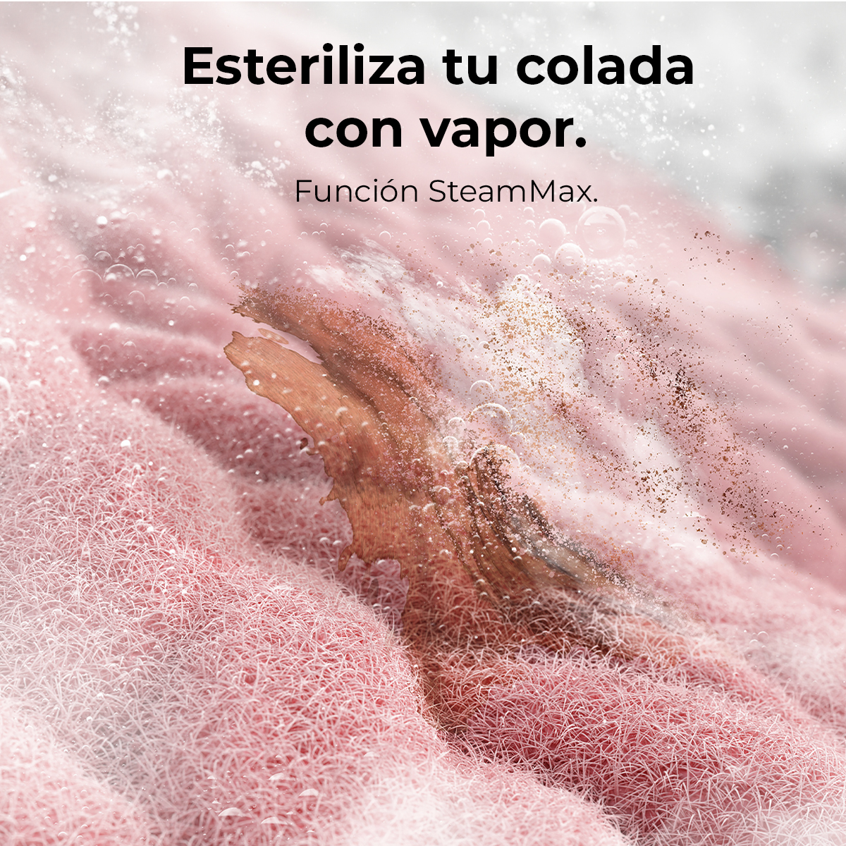 Primer plano de fibras de tela rosa con vapor y texto en español.