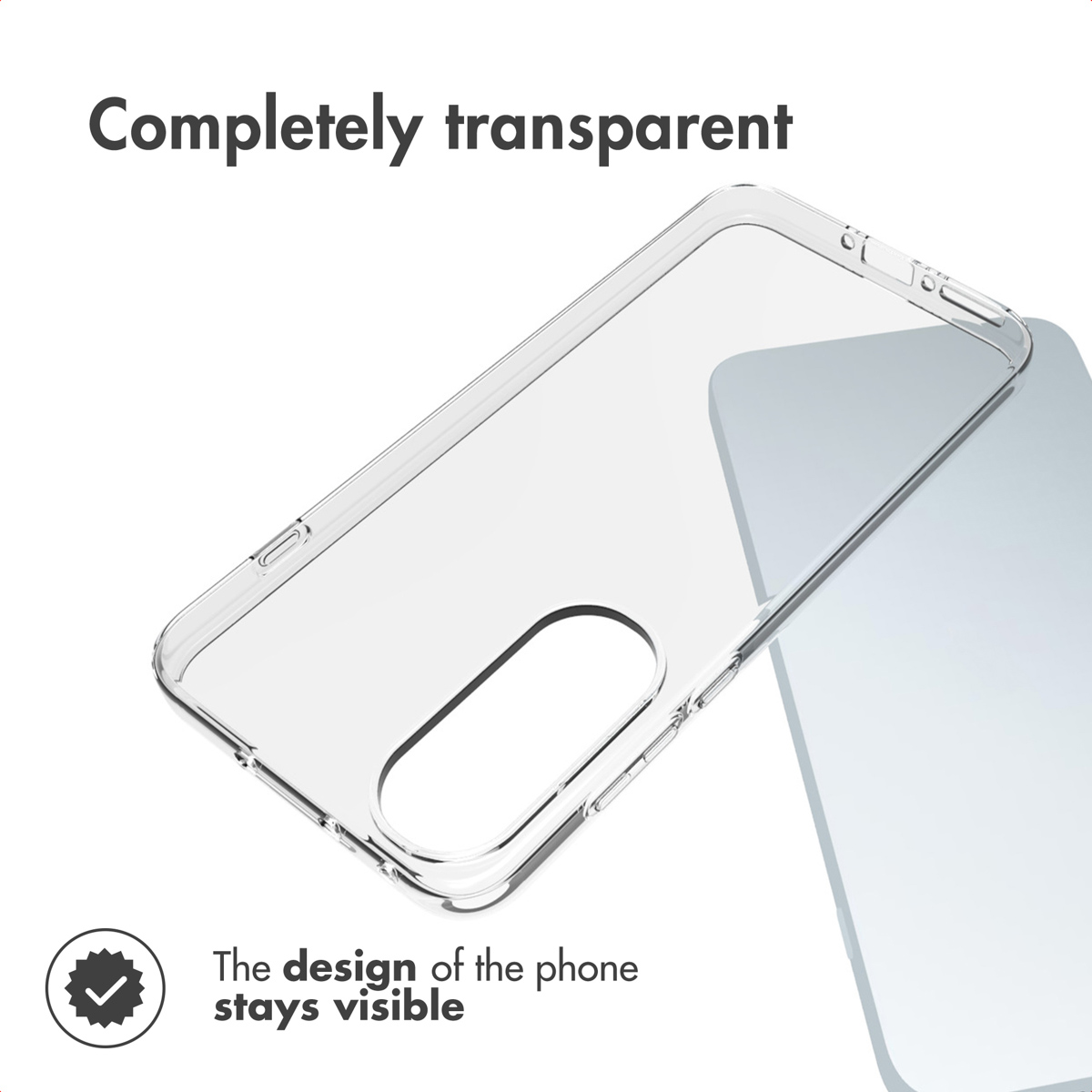 Una funda de móvil completamente transparente reposa sobre una superficie azul claro con texto.
