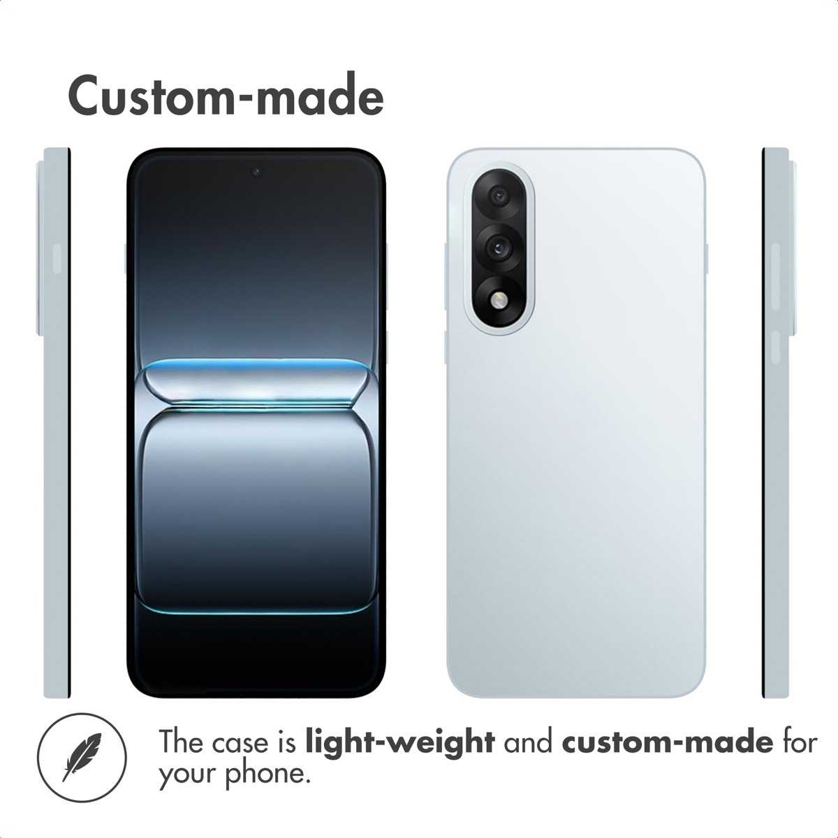 Una funda de smartphone blanca mostrada desde todos los lados con recortes para cámara.