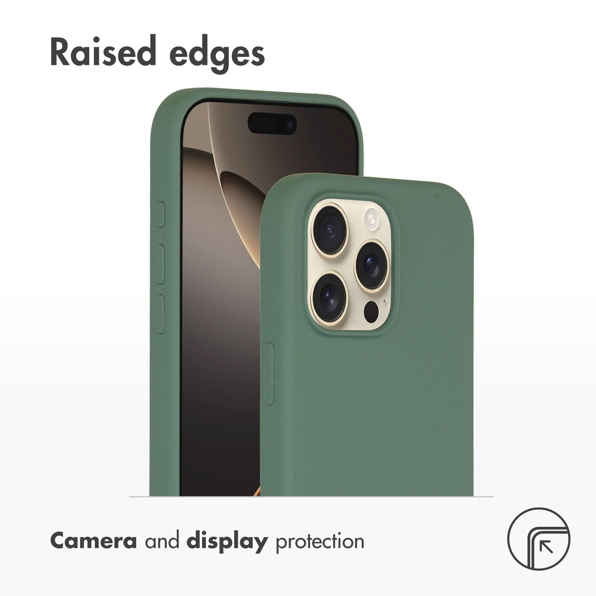 Una custodia verde per smartphone mostra bordi rialzati per la protezione di fotocamera e display.