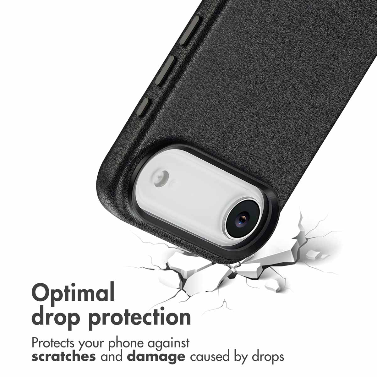 Funda de teléfono negra con recorte de cámara y texto de protección.
