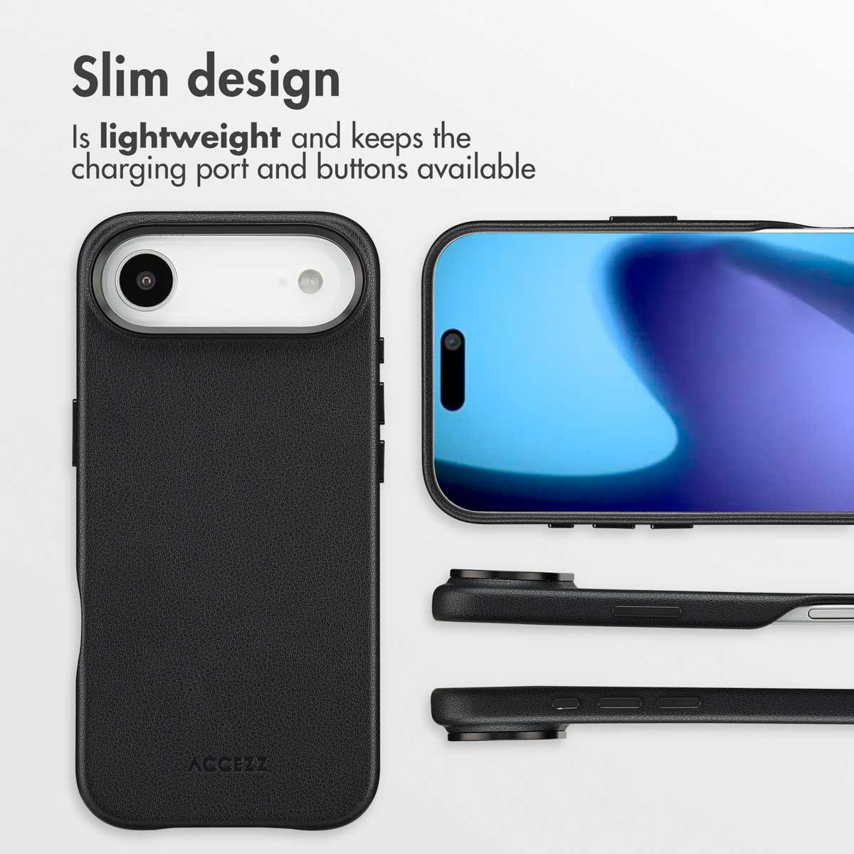 Funda de smartphone negra, delgada y ligera, con texto y vistas de la parte trasera, delantera y bordes.