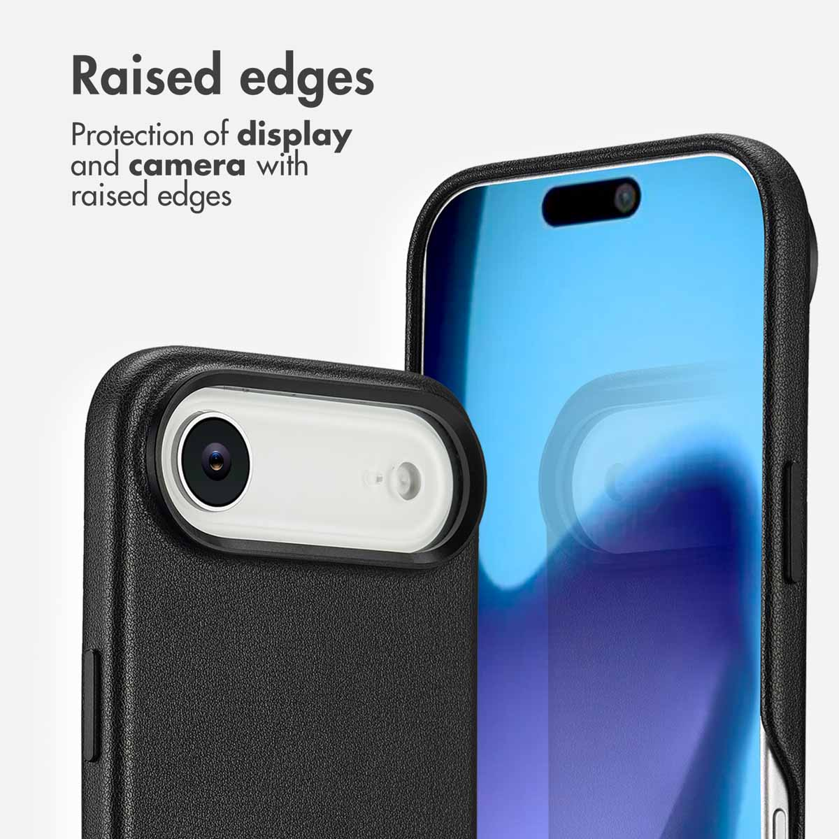 Los bordes elevados en una funda protectora negra protegen la pantalla y la cámara del smartphone.