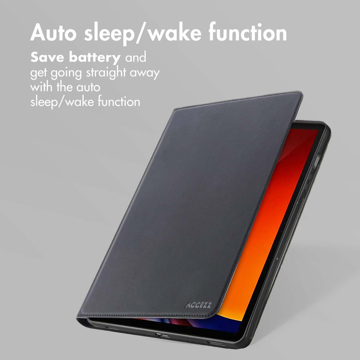A black tablet case partially open, showing an orange screen, with text about auto sleep/wake.