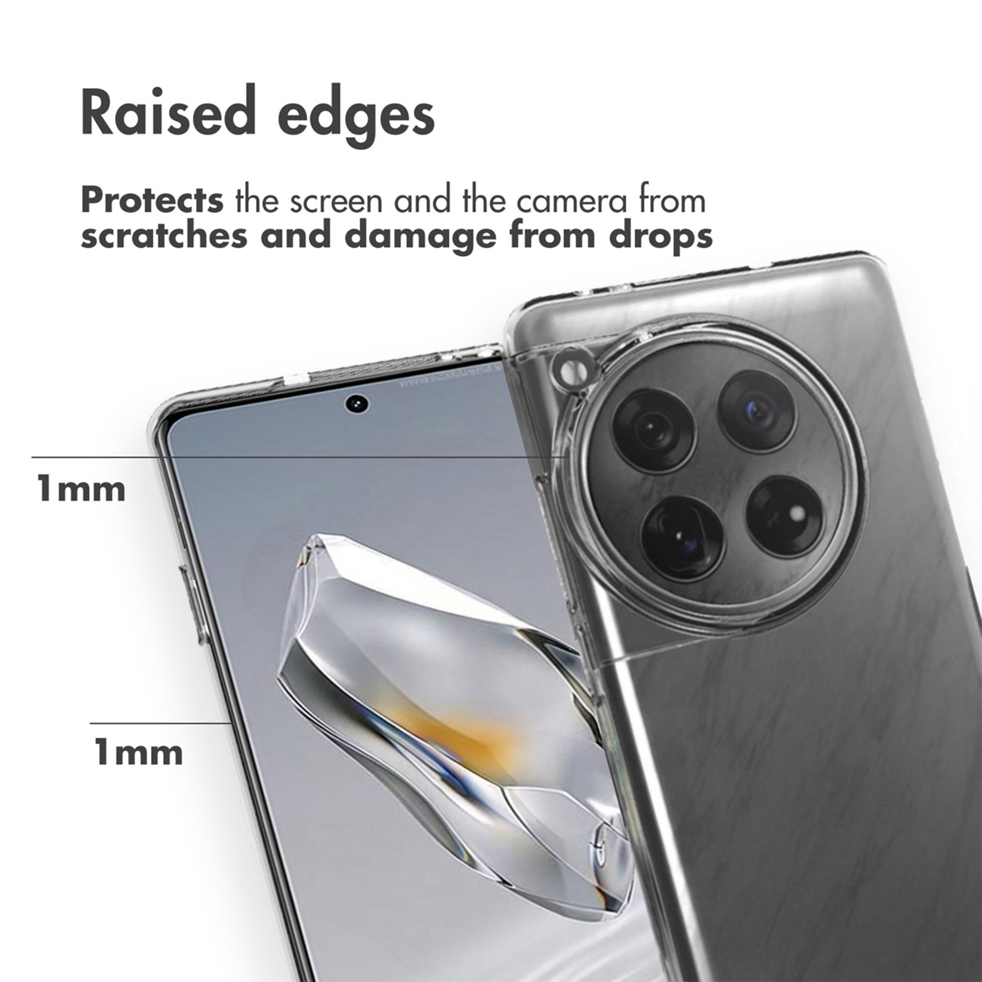 Primer plano de una funda con bordes elevados de 1 mm para proteger la pantalla y la cámara.