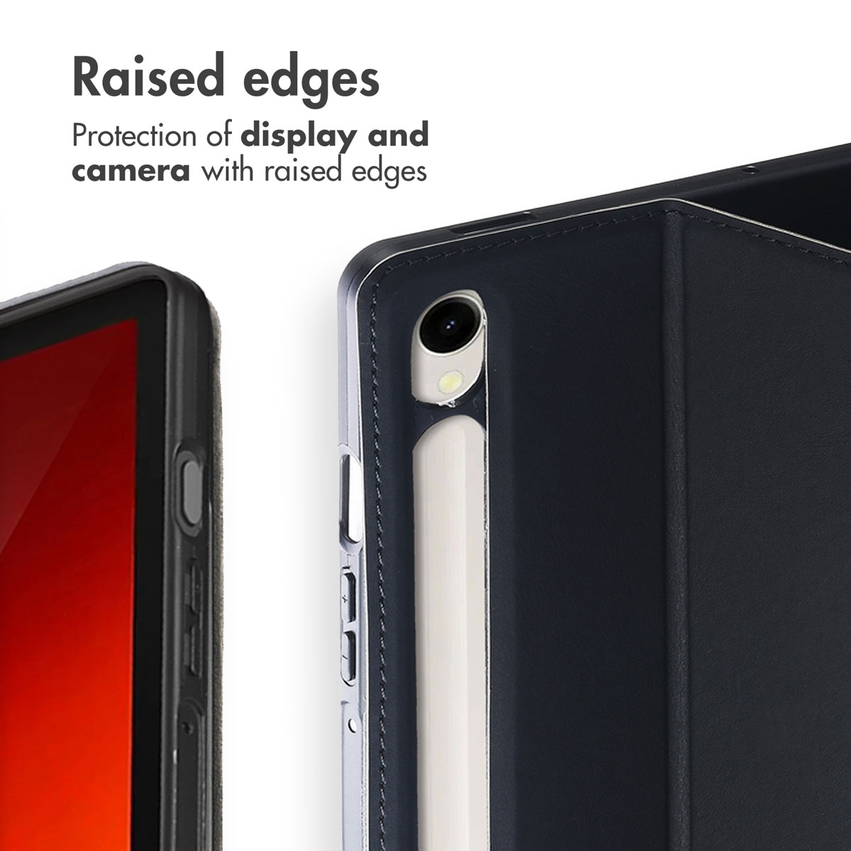 Raised edges on the tablet case protect the display and camera from damage.