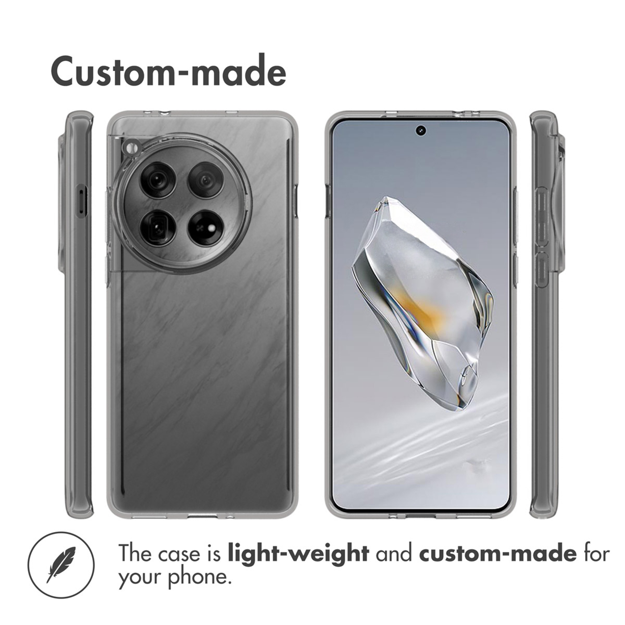 Cuatro vistas de una funda de móvil personalizada, mostrando parte delantera, trasera y laterales con cámara circular.