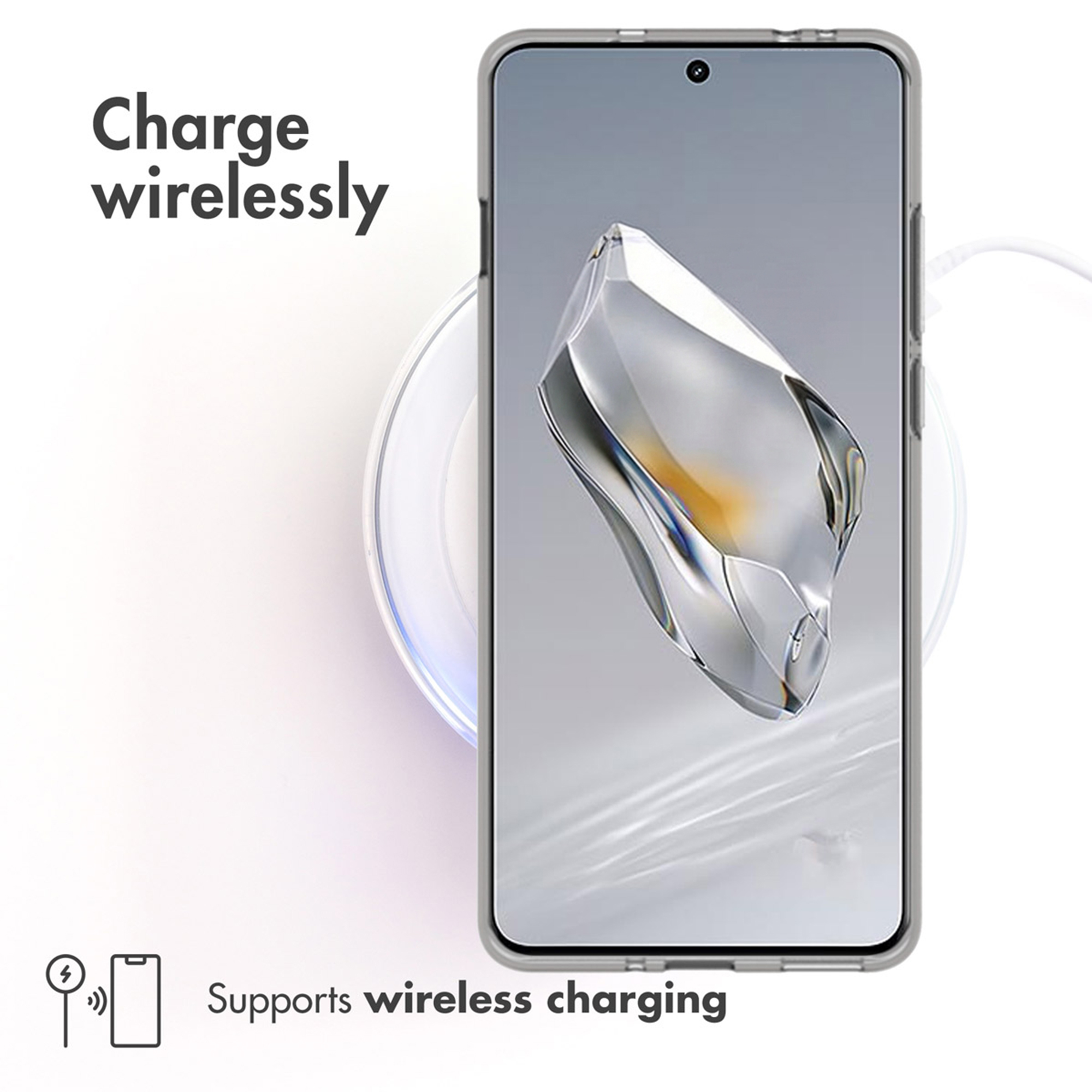 Smartphone en base de carga inalámbrica blanca con texto Charge wirelessly.