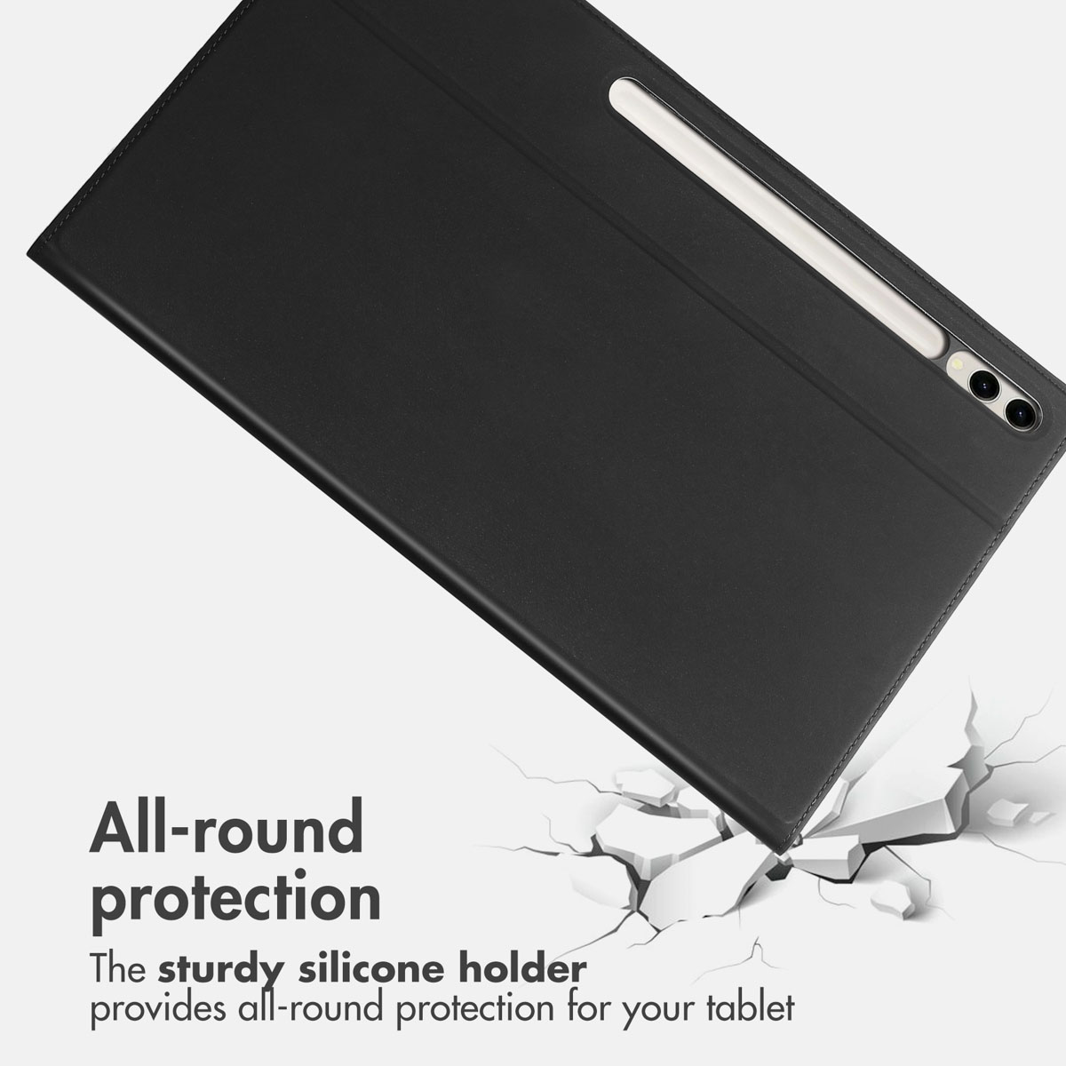 A black tablet case with a built-in stylus holder on a white, cracked background with text.