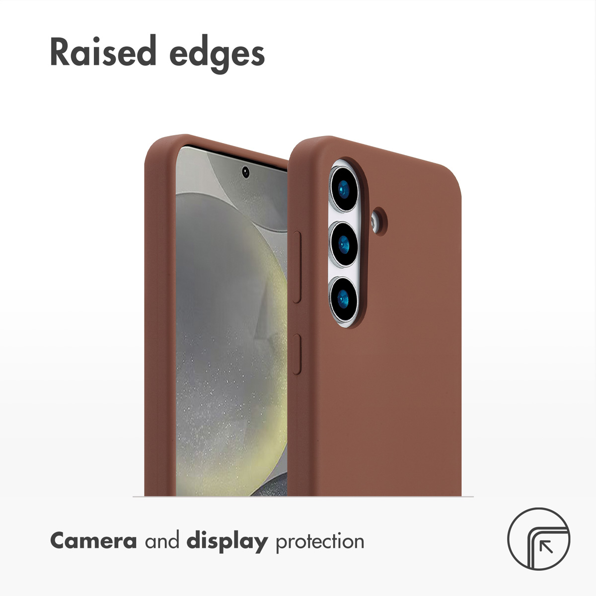 Custodia per smartphone marrone con bordi rialzati per proteggere fotocamera e schermo su sfondo bianco.