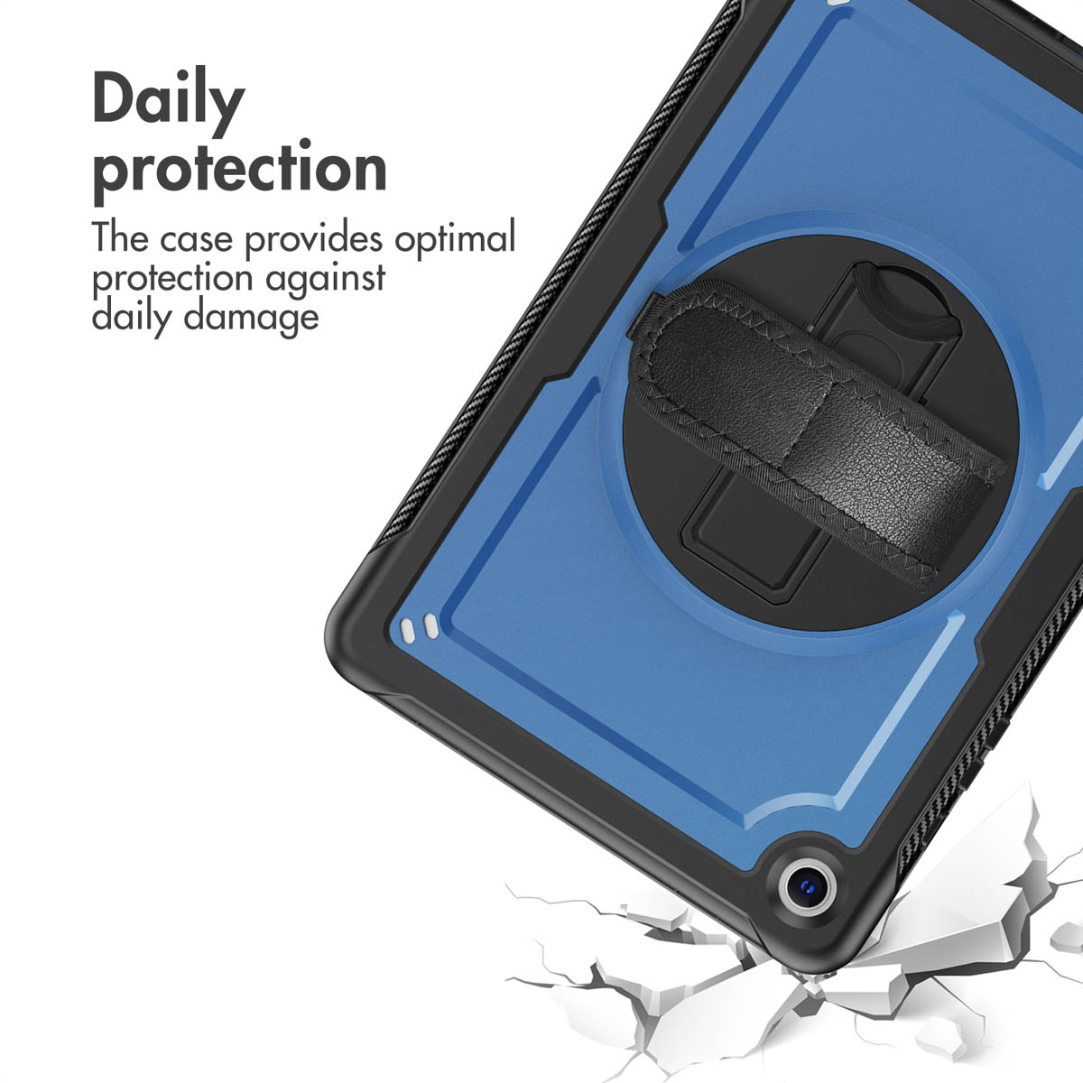 A blue and black tablet case with a hand strap on a white background with cracked details and text promoting protection.