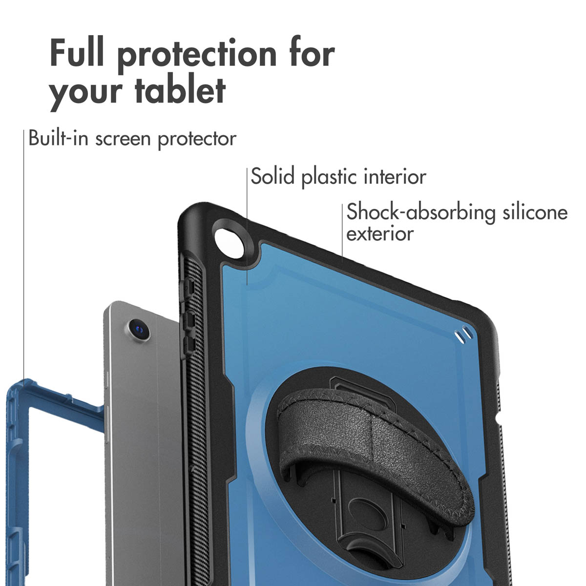 Exploded view of a rugged blue and black tablet case with built-in screen protector and hand strap.