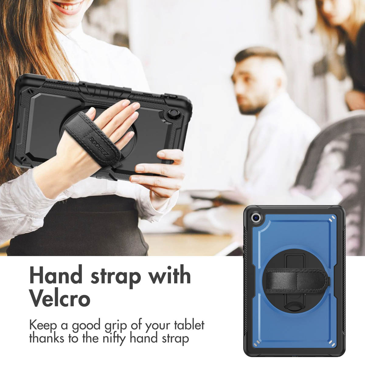 A woman holds a black rugged tablet case with a Velcro hand strap, with a blurred office in the background.