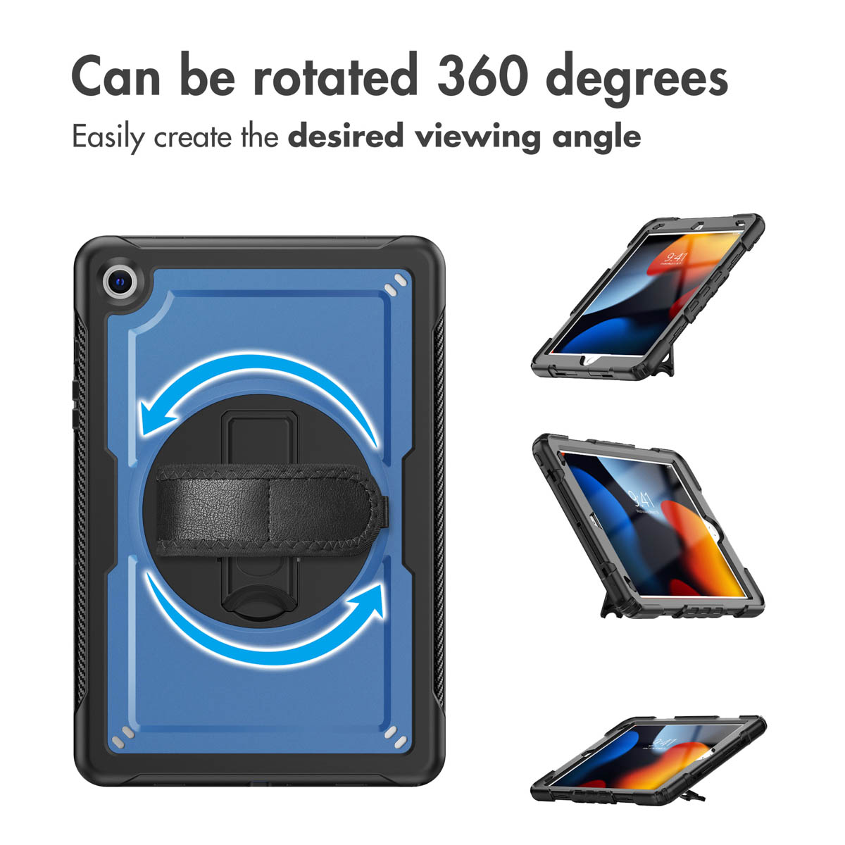 A blue tablet case with a rotating hand strap, shown from multiple angles with text about 360-degree rotation.