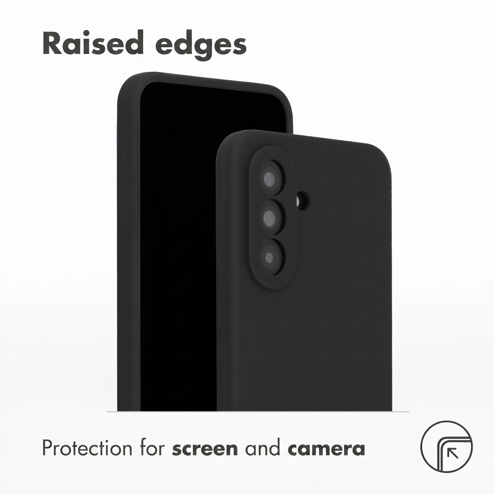 Coque de téléphone noire avec bords surélevés pour protéger l'écran et l'appareil photo.