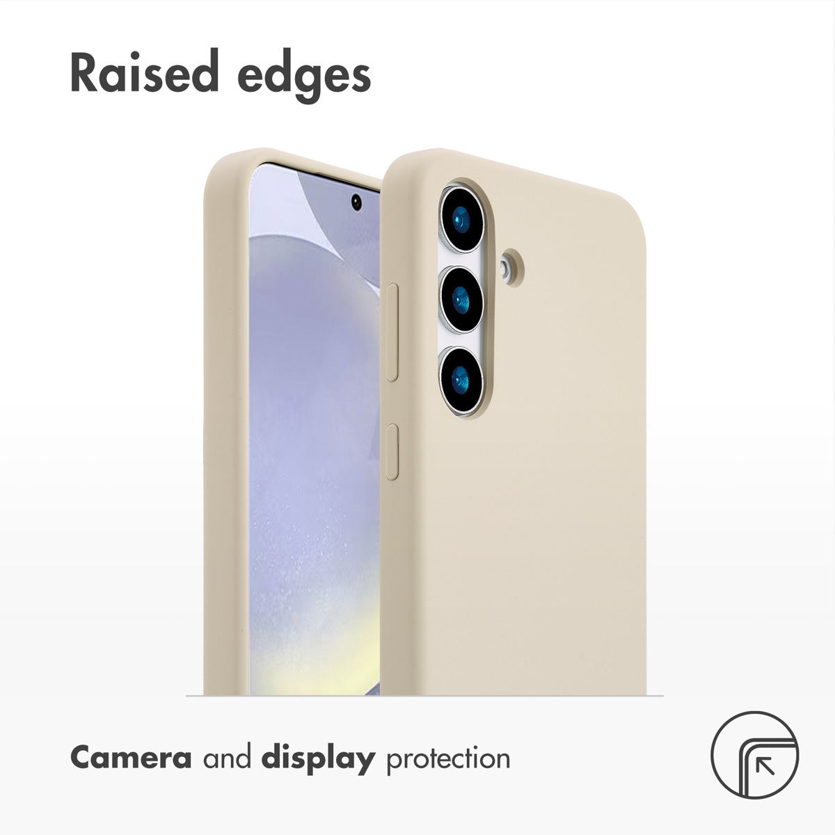 Beigefarbene Handyhülle mit erhöhten Kanten für Kamera- und Display-Schutz auf weißem Hintergrund.