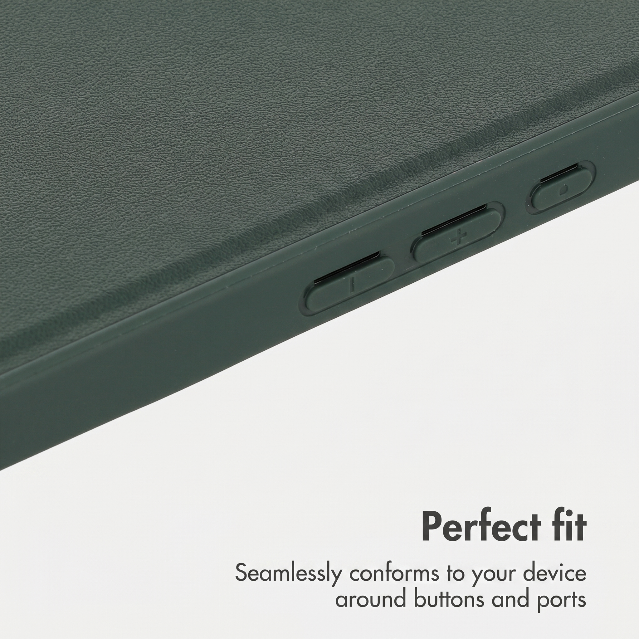 Dark green smartphone case with precise buttons and fine texture, text: Perfect fit.