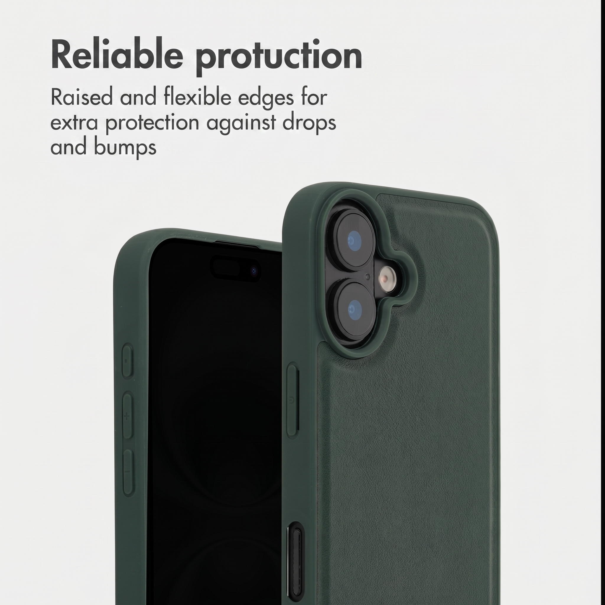 Dark green smartphone case against a white background with text.
