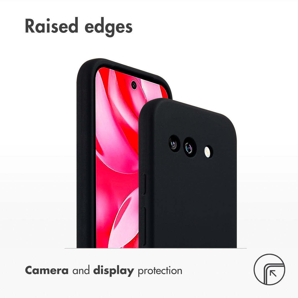 Schwarze Schutzhülle mit erhöhten Kanten für Kamera und Display an zwei Smartphones.