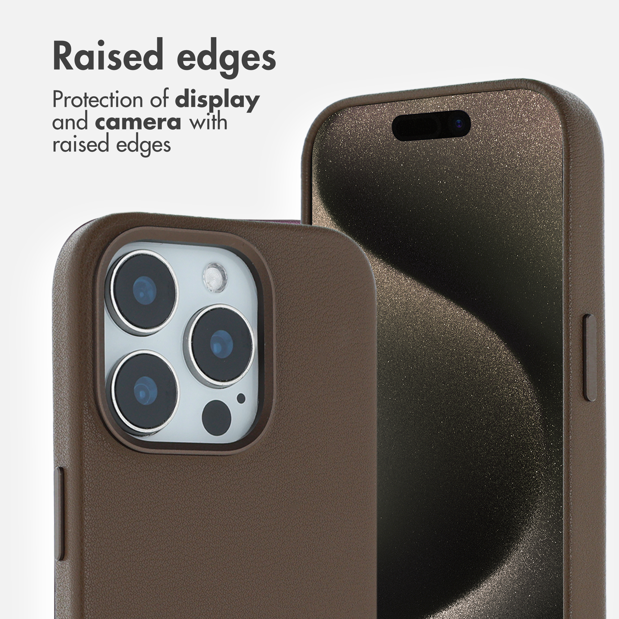 Un smartphone dans une coque en cuir marron, montrant des bords surélevés pour protéger l'écran.
