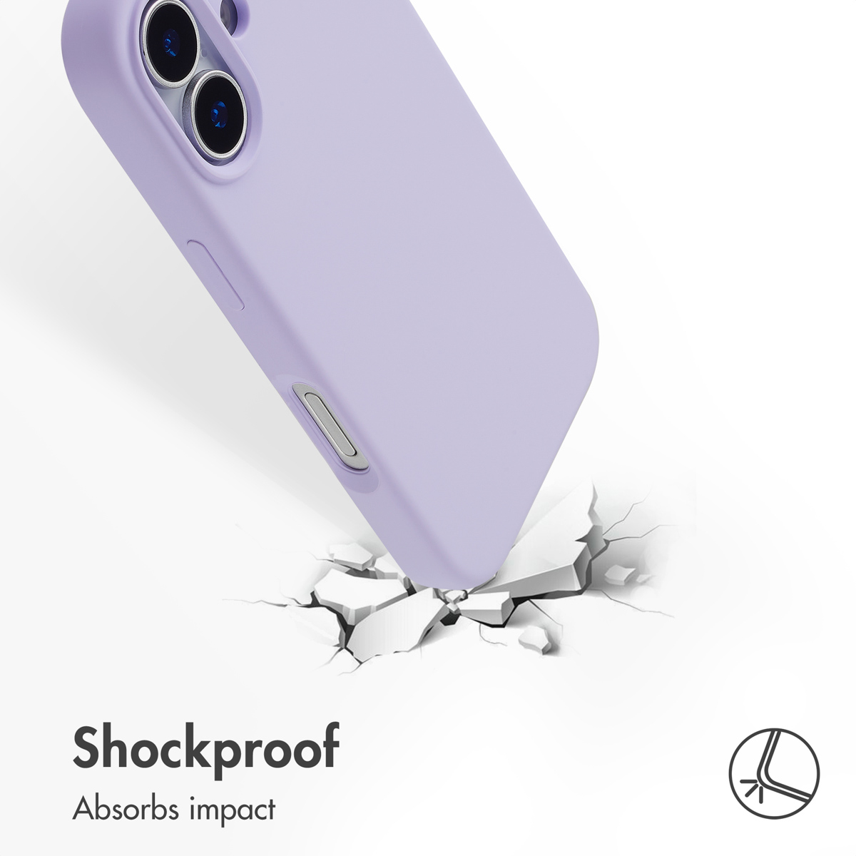 Paarse telefoonhoes raakt en breekt een wit oppervlak, schokbestendig.