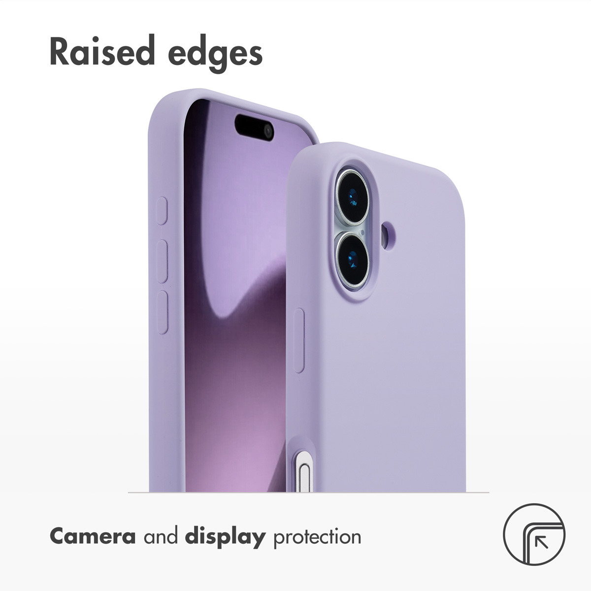 Twee paarse smartphones in hoesjes tonen verhoogde randen voor camera- en schermbescherming.