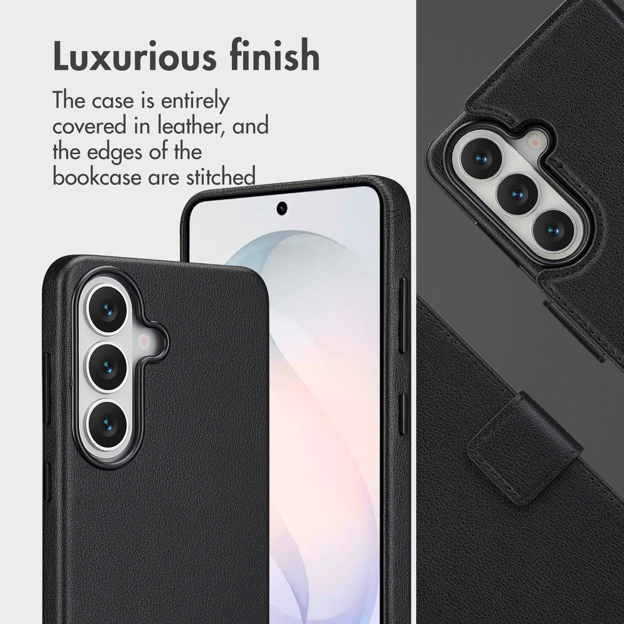 Eine schwarze Leder-Smartphone-Hülle mit genähten Kanten und Kameraausschnitten, aus verschiedenen Blickwinkeln.