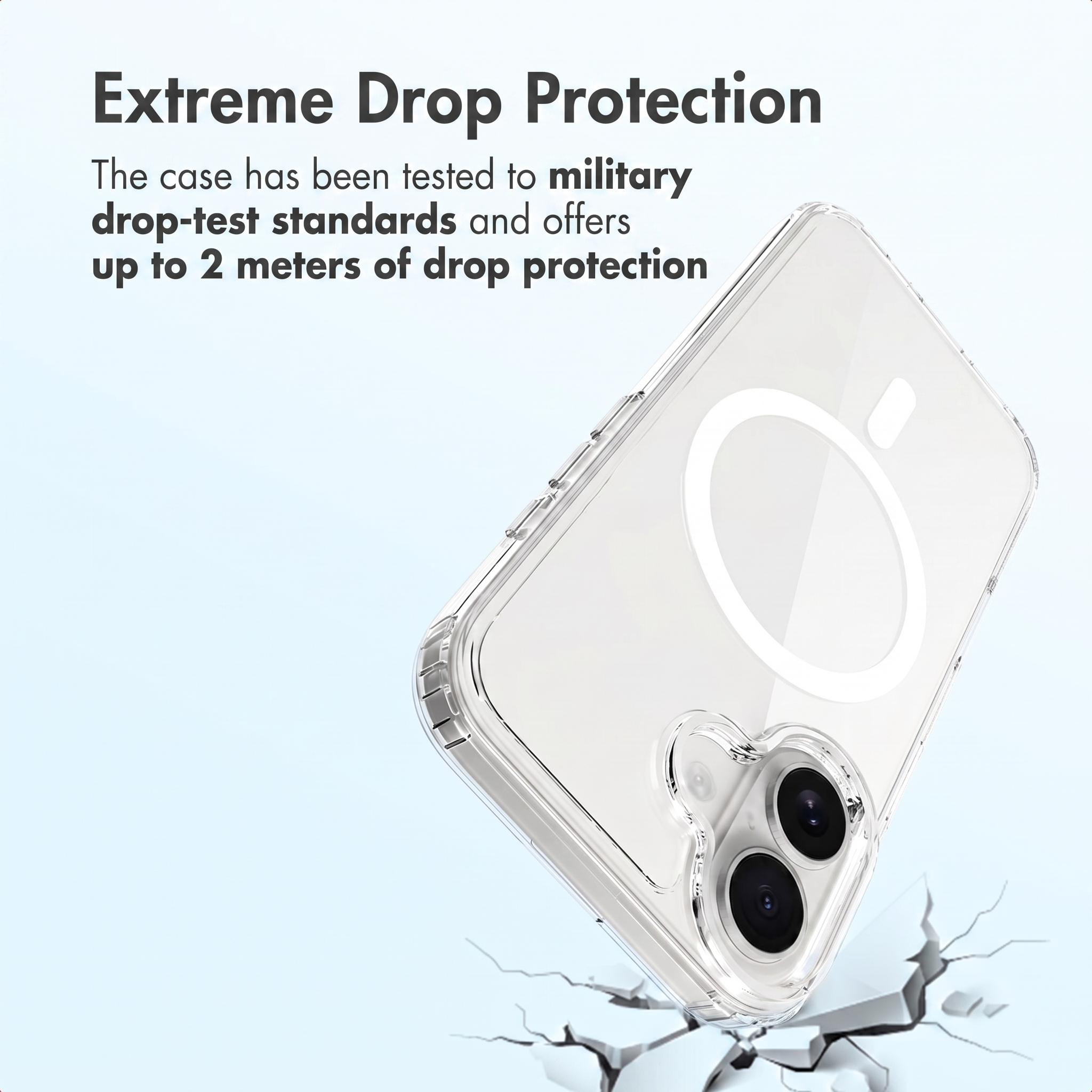 Funda protectora transparente con círculo MagSafe y recorte para la cámara sobre fondo azul claro.
