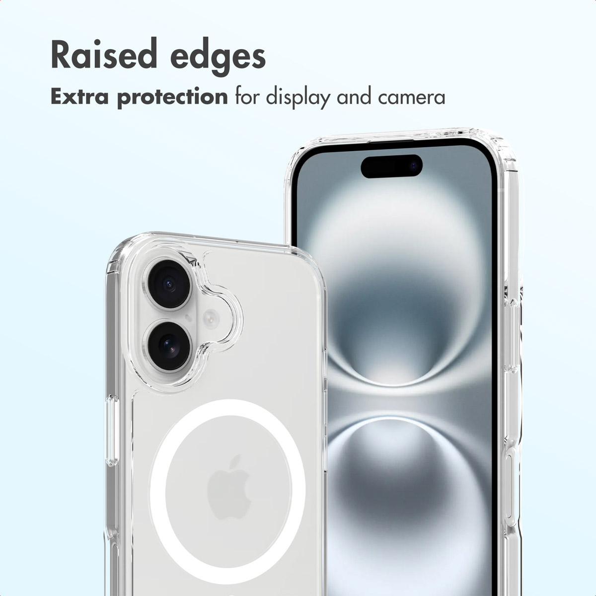 Funda de móvil transparente con bordes elevados para mayor protección de pantalla y cámara.