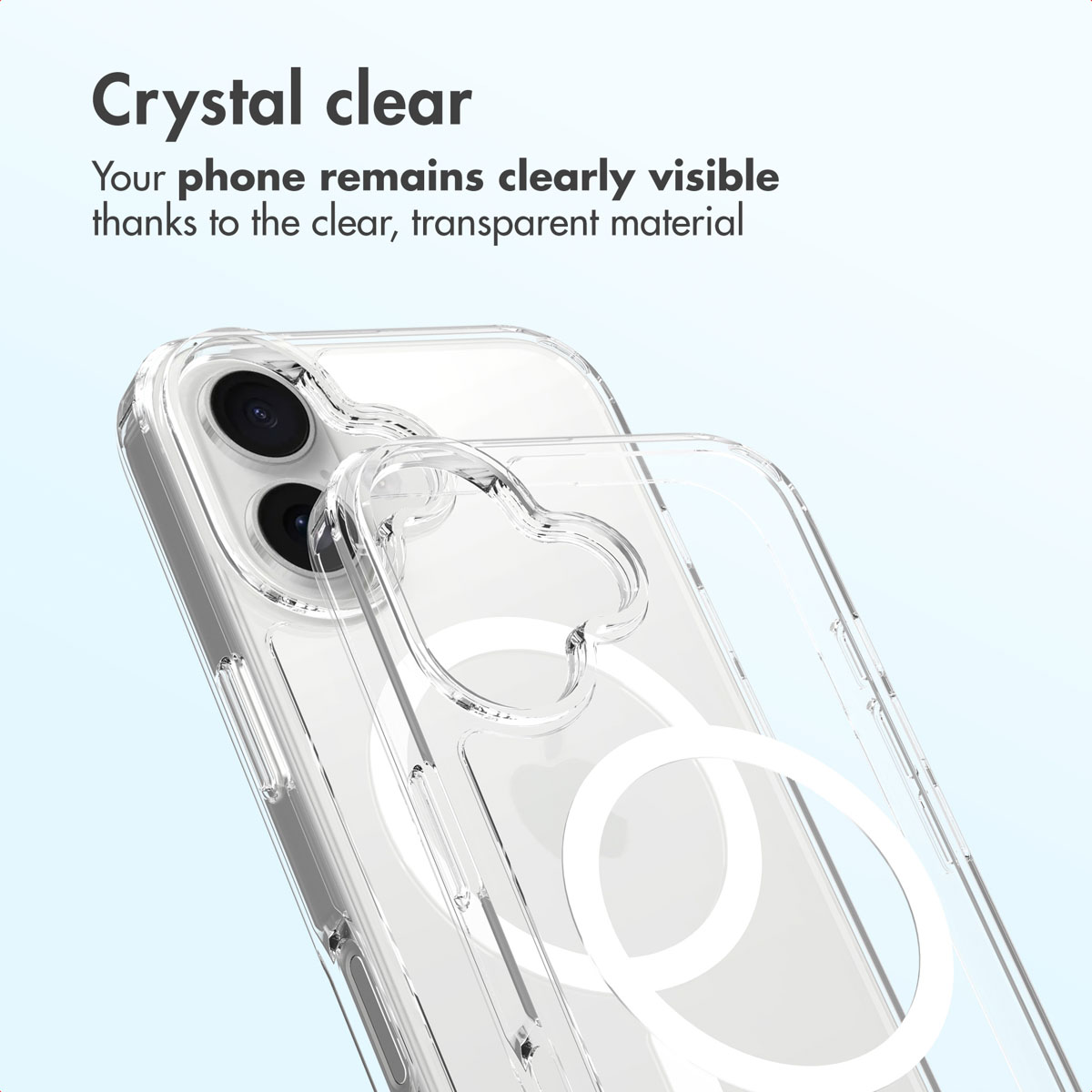 Una funda transparente muestra el teléfono con un anillo MagSafe.
