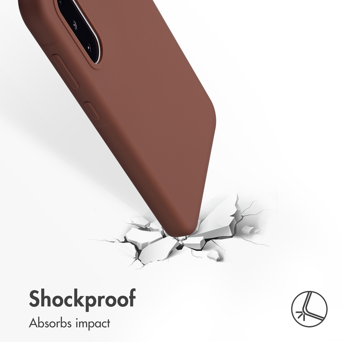 Una custodia per telefono marrone impatta su una superficie bianca che si spacca. Testo Shockproof Absorbs impact.