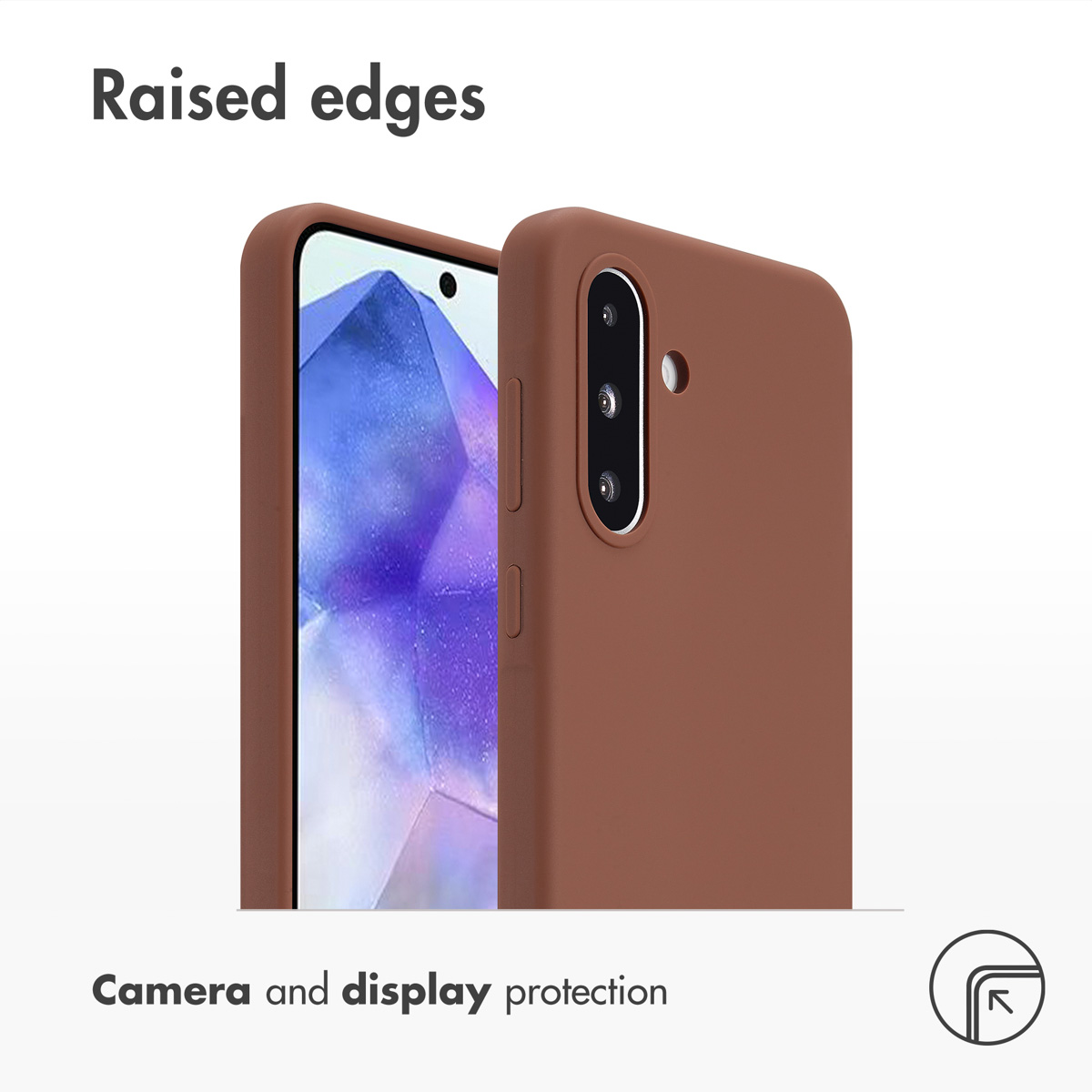 Cover per telefono marrone con bordi rialzati per proteggere fotocamera e display.