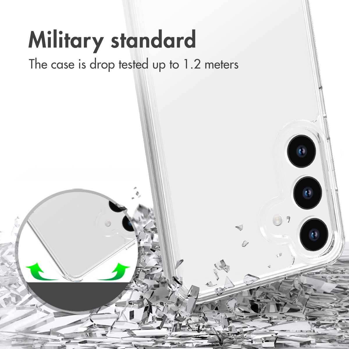 Handyhülle mit Militärstandard, sturzsicher bis 1,2 Meter, mit Zoom-Grafik und Glasscherben.