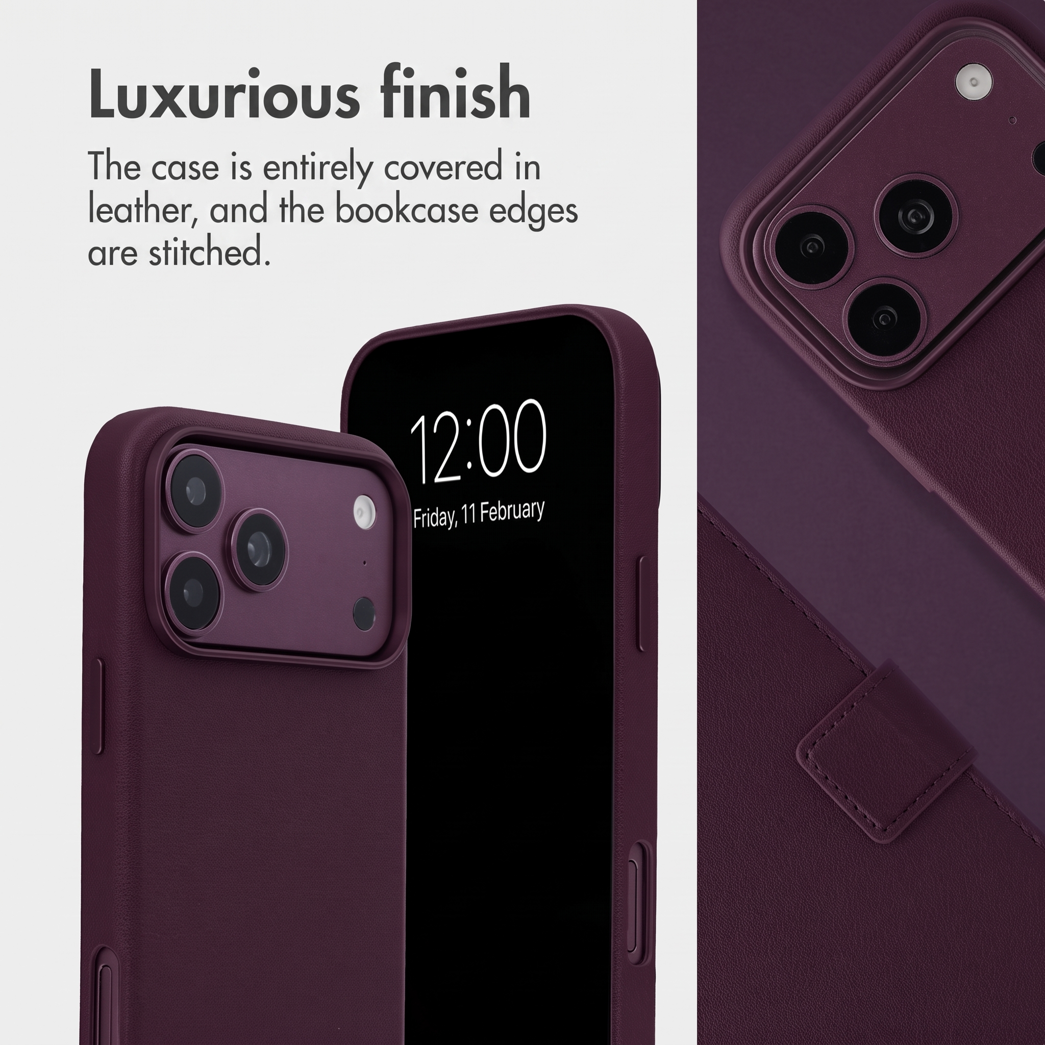 Coque de téléphone en cuir violet foncé avec bords cousus, objectifs d'appareil photo et texte.