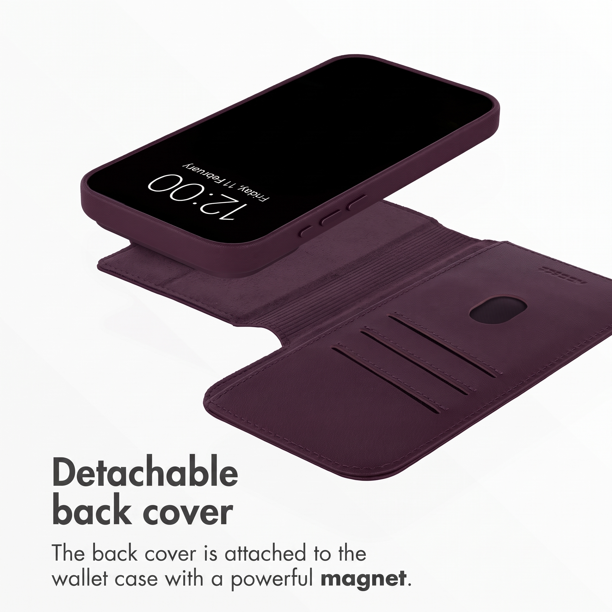Un étui portefeuille violet en cuir pour téléphone avec coque arrière amovible et fentes pour cartes.