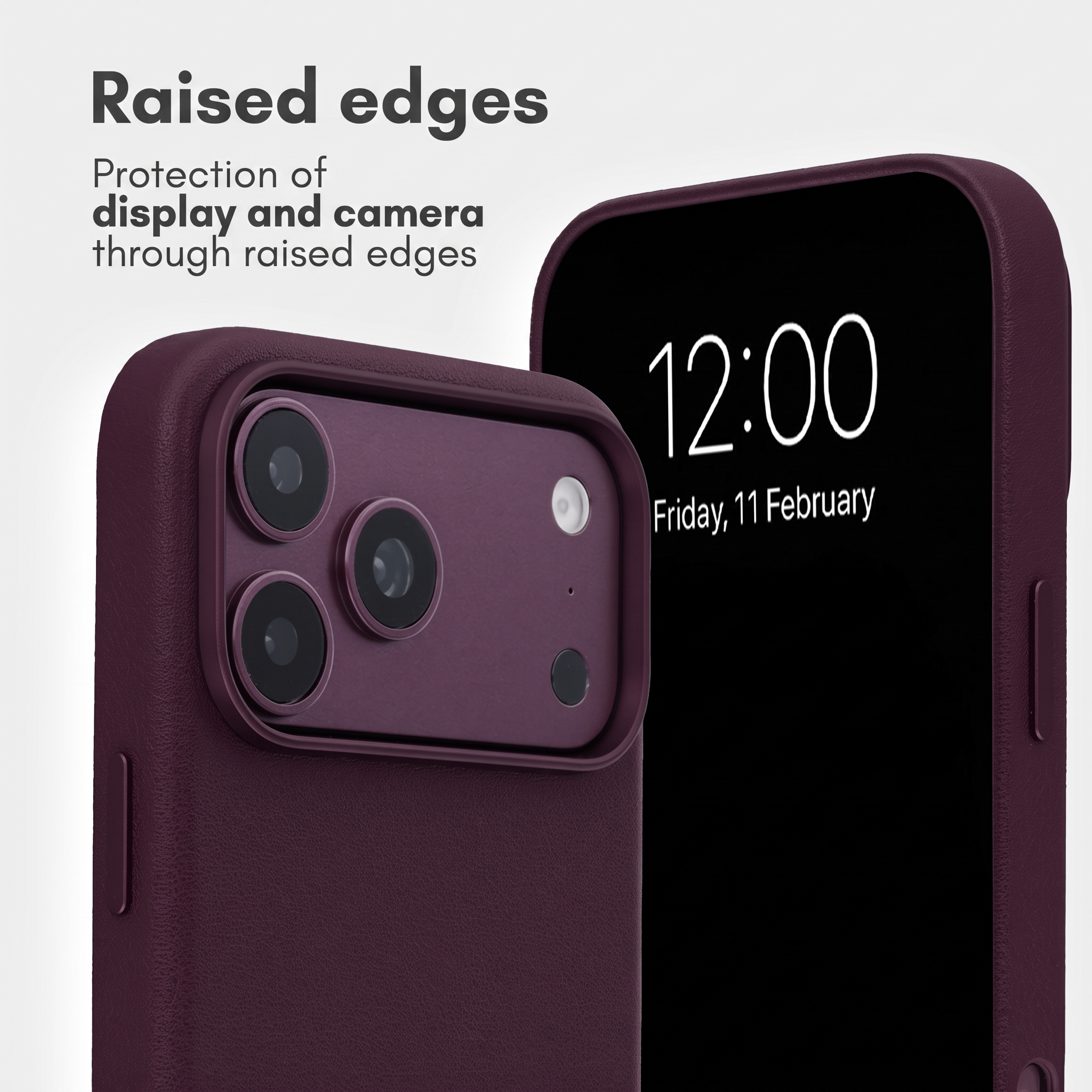 Smartphone violet dans une coque de protection avec bords surélevés pour l'écran et la caméra.