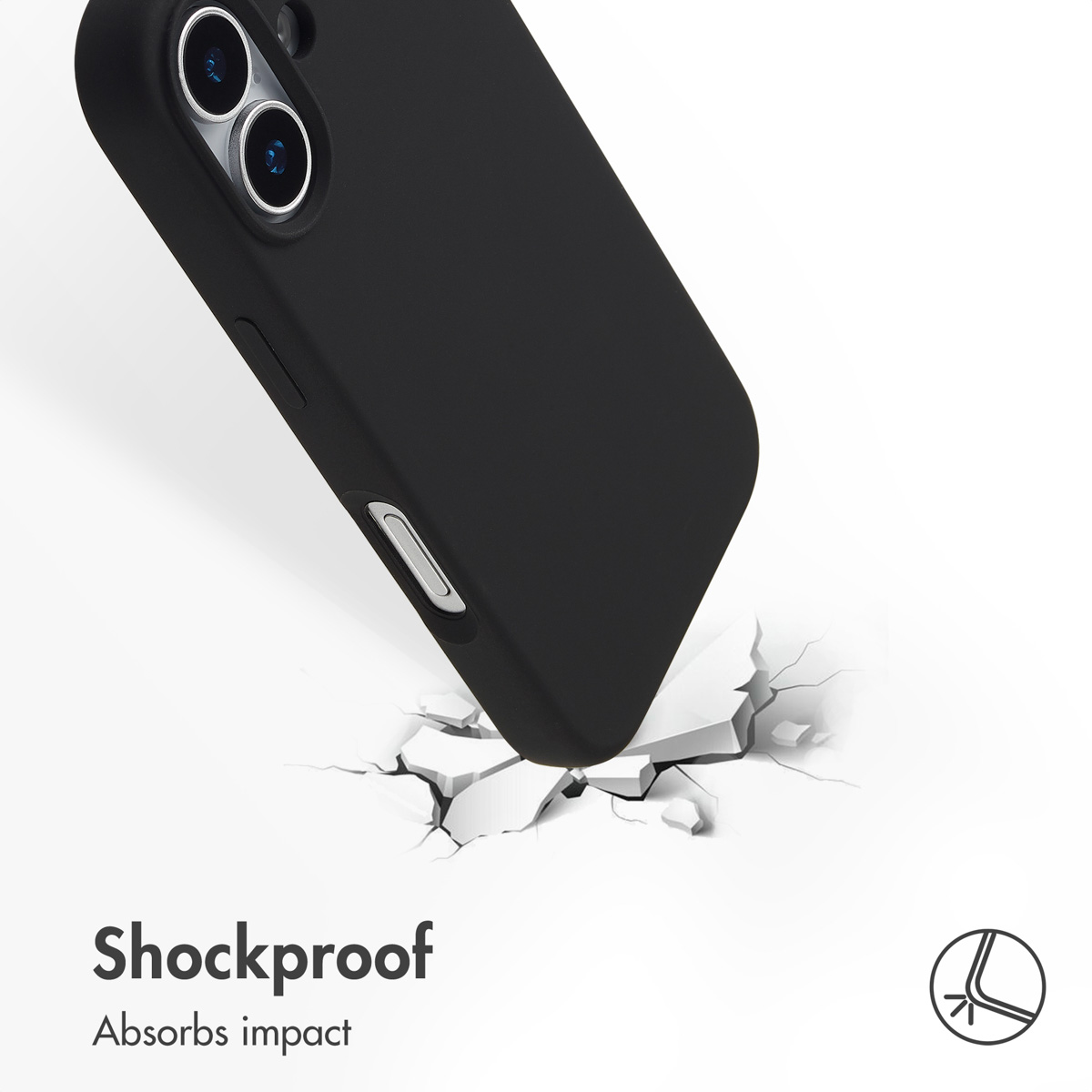Een zwarte smartphone in een beschermhoes barst op een wit oppervlak.