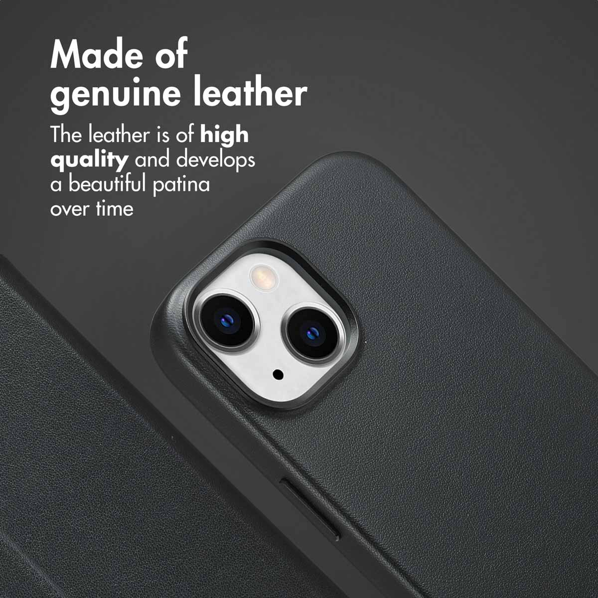 Black leather phone case with camera cutout and text above.