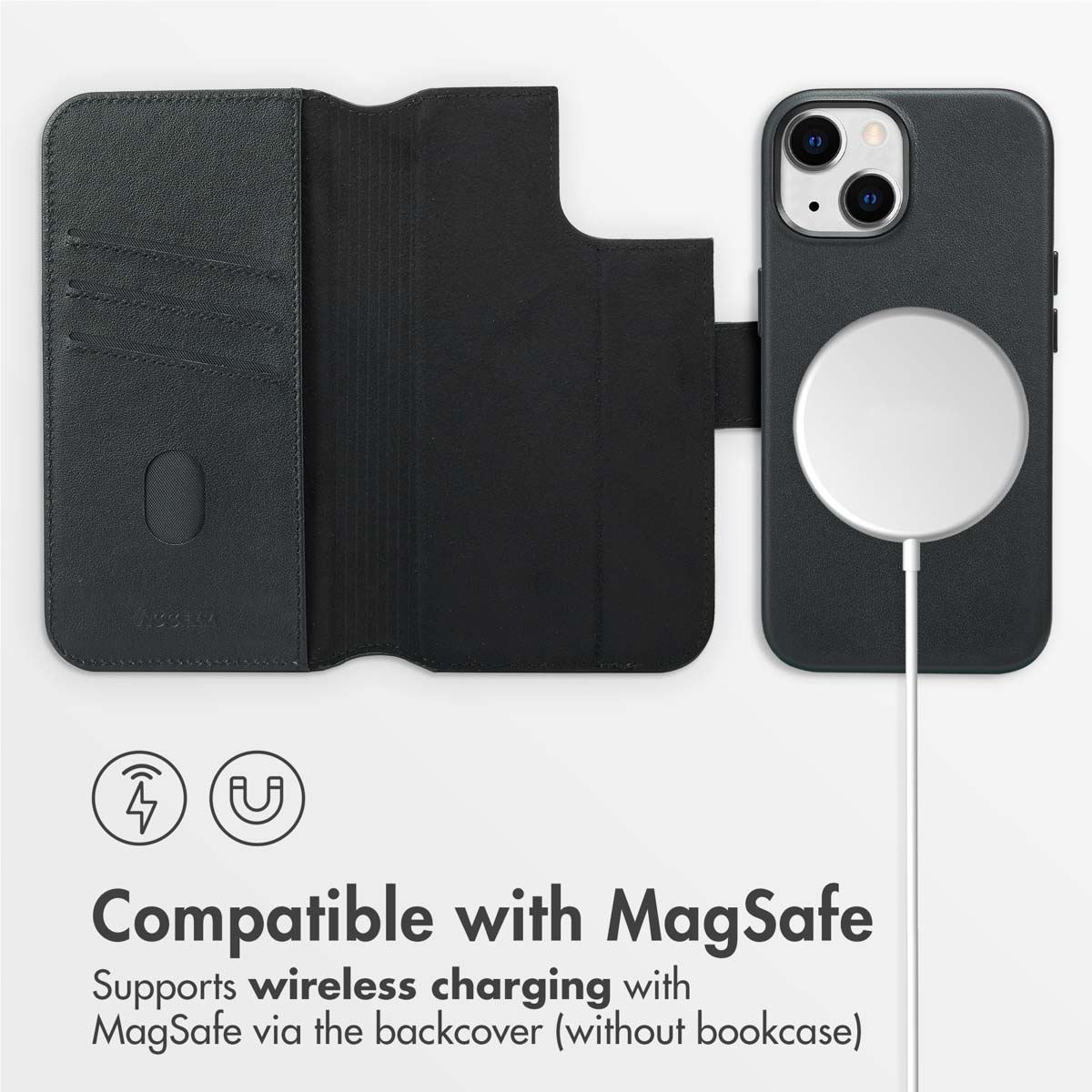 Black phone case with card slots and MagSafe charging feature.
